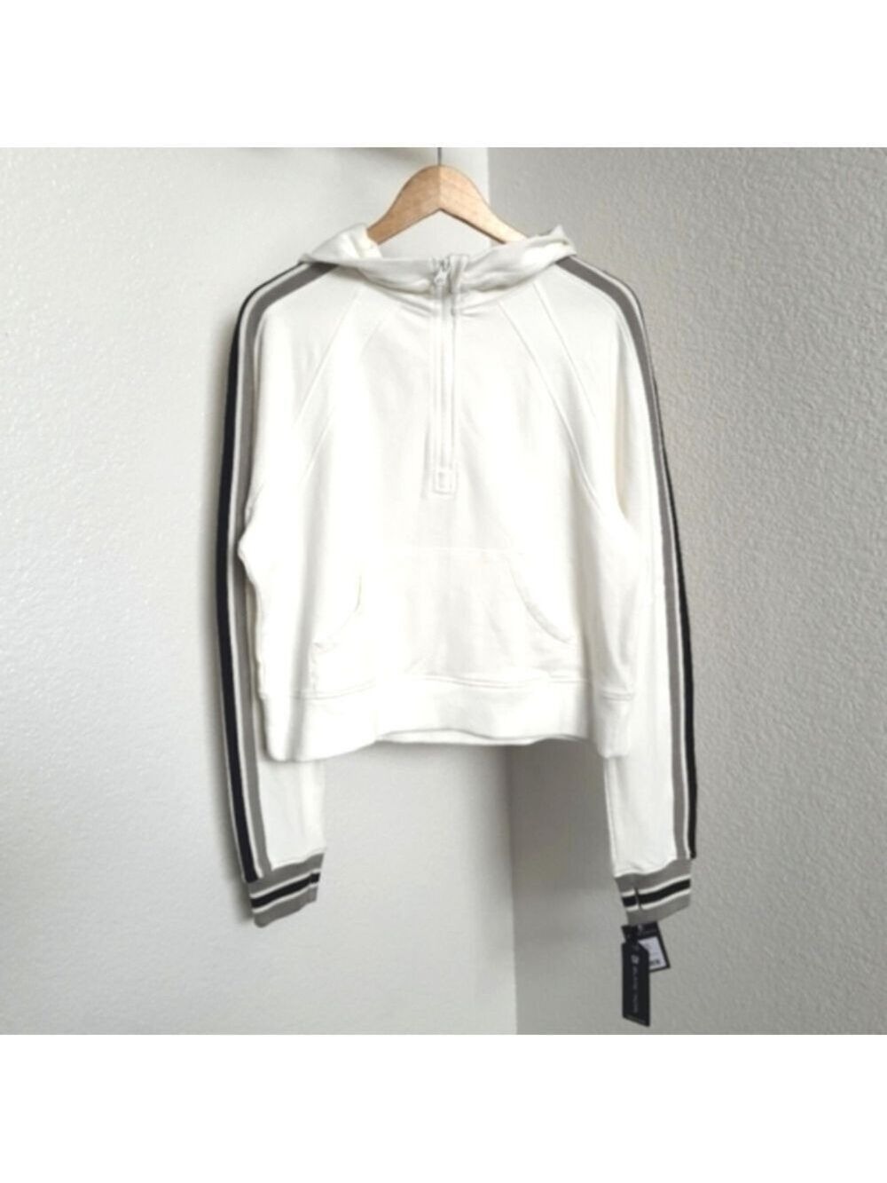 BLANC NOIR Striped Sweatshirt White L Porto Half Zip Hoodie Kangaroo Pocket NWT